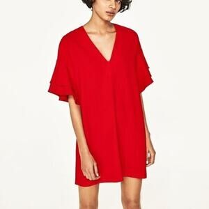 Zara V Neck Shift Mini Dress Short Tiered Ruffle Sleeves "Night-Out" S Red #2979